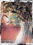  1girl animal architecture border bowl closed_eyes commentary_request east_asian_architecture food frog_hair_ornament fruit green_hair hair_intakes hair_ornament hair_tubes highres holding holding_food indoors japanese_clothes kochiya_sanae kotatsu light_blush long_hair open_mouth orange_(fruit) plant potted_plant single_hair_tube single_sidelock snake snake_hair_ornament solo table touhou umaieokakitai upper_body vase 