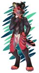  2017 5_fingers anthro black_nose citrinelle clothed clothing digital_media_(artwork) hi_res hyaenid mammal navel purple_eyes sabertooth_(disambiguation) simple_background solo standing striped_hyena teeth yellow_sclera 