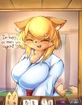  2019 :3 anthro big_breasts blonde_hair blush breast_squish breasts brown_fur canid canine chest_tuft clothing cute_fangs english_text eyes_closed fluffy fluffy_tail fur hair hi_res inner_ear_fluff japanese_clothing kemono looking_at_viewer mammal open_mouth solo squish tailwag tetto text tuft 