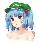  1girl bangs blue_eyes blue_hair blush breasts cabbie_hat collarbone commentary cropped_shoulders dirty dirty_face green_headwear hair_bobbles hair_ornament hat highres kawashiro_nitori medium_breasts miyo_(ranthath) nude parted_lips portrait short_hair sidelocks simple_background solo touhou two_side_up white_background 