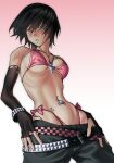  absurdres belt bikini black_hair blue_eyes blush bracelet checkered_belt cross cross_necklace fingerless_gloves from_below gloves gradient_background highres hip_bones jewelry lucy_(ryofu_x) necklace open_mouth original pink_background pink_bikini ryofu_x scene_fashion short_hair side-tie_bikini_bottom simple_background skinny stomach_piercing studded_belt studded_bracelet swimsuit torn_clothes torn_gloves white_background 