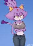  2019 annoyed anthro blaze_the_cat blush bottomwear bra breasts clothed clothing colored crossed_arms digital_media_(artwork) domestic_cat es74 eyelashes eyeshadow felid feline felis female fur hair hi_res jeans jewelry lipstick looking_at_viewer makeup mammal navel necklace panties pants purple_fur purple_hair shirt simple_background solo sonic_(series) standing thong topwear underwear video_games white_fur 