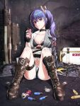  1girl absurdres assault_rifle bangs bikini black_bikini blue_hair blush breasts brown_footwear can closed_mouth collarbone cooler cross-laced_footwear daewoo_k11 explosive full_body girls_frontline grenade gun hair_between_eyes highres holding holding_can ihan k11_(girls_frontline) leather_choker long_hair looking_at_viewer messy_hair open_clothes purple_eyes rifle shirt shorts side_ponytail sidelocks sitting smile solo spread_legs swimsuit weapon white_shirt 