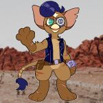 1:1 2018 3_toes 4_fingers anthro arm_scar artist_name beak belt belt_buckle belt_pouch blue_clothing blue_hair blue_tail_tuft blue_topwear blue_vest brown_belt brown_body brown_fur brown_stripes brown_tail buckle chest_tuft chotpot clock clothed clothing curled_hair dated desert english_description eye_patch eyelashes eyewear fallout fan_character feet female fingers flat_chested front_view fur furby furby_(species) gesture green_eyes grey_sky hair leg_scar light lighting looking_at_viewer microsoft multicolored_body multicolored_fur no_pupils notched_ear number open_clothing open_mouth open_smile open_topwear open_vest outline photo_background photography_(artwork) pink_scar pink_tongue pockets rock scar shaded short_hair simple_shading sky smile smiling_at_viewer solo standing striped_body striped_fur stripes tail tail_tuft toes tongue topwear tuft vest watch waving waving_at_viewer white_outline wristwatch yellow_beak zipper