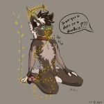 1:1 anthro brown_body cheek_tuft dragon facial_tuft fur furred_dragon furred_scalie garland green_eyes hi_res horn kneeling male maslina mythological_creature mythological_scalie mythology pawpads pink_pawpads scalie solo speech_bubble tuft