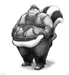  anthro aokmaidu beard belly belly_grab belly_overhang big_belly chubby_cheeks clothed clothing double_chin facial_hair fur greyscale hand_on_stomach love_handles male mammal mephitid midriff monochrome moobs obese obese_male overweight overweight_male simple_background skunk smile solo standing thick_thighs white_background wide_hips 