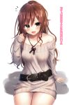  1girl :d arm_support ass_visible_through_thighs bang_dream! bangs belt belt_buckle black_belt blush brown_hair brown_sweater buckle collarbone commentary_request dress earrings eyebrows_visible_through_hair grey_eyes hair_between_eyes hand_up high_ponytail highres imai_lisa jewelry long_hair long_sleeves looking_at_viewer off-shoulder_sweater off_shoulder open_mouth panties pink_panties ponytail ramchi ribbed_sweater shadow signature sitting sleeves_past_wrists smile solo sweater sweater_dress translation_request underwear v-shaped_eyebrows very_long_hair white_background 