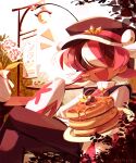  1girl :d blueberry brown_hair brown_hat brown_pantyhose brown_vest commentary crossed_legs dark-skinned_female dark_skin english_commentary feet_out_of_frame flipped_hair flower food fruit hair_over_eyes hat highres holding holding_plate lamppost leaf long_sleeves multicolored_hair neck_ribbon on_bench open_mouth original outdoors pancake pancake_stack pantyhose pink_hair plate red_ribbon ribbon shirt short_hair sitting smile solo st4ngray streaked_hair syrup table triangle vase vest white_flower white_hair white_shirt 