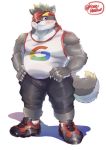  2019 anthro blue_eyes blush bottomwear canid canine canis clothing domestic_dog footwear hi_res humanoid_hands male mammal okmt_redbull overweight overweight_male shirt shoes shorts simple_background solo topwear white_background 