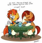  absurd_res bobthedalek cape clothing cup dialogue duo english_text equid female friendship_is_magic hi_res horn male mammal mother mother_and_son my_little_pony parent son stellar_flare_(mlp) sunburst_(mlp) table tea_cup teapot text unicorn 