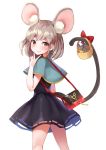  1girl animal_ear_fluff animal_ears bag basket black_dress blush bow capelet cheese cropped_legs dress eyebrows_visible_through_hair feet_out_of_frame food from_behind grin handbag highres looking_at_viewer looking_back mouse mouse_ears mouse_tail nazrin red_eyes satori_(pixiv) shiny shiny_hair short_hair silver_hair simple_background smile solo standing tail tail_bow touhou v_over_mouth white_background 