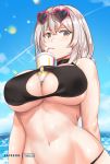  1girl alternate_costume azur_lane bangs bikini black_bikini blue_sky breasts choker cleavage cloud collarbone cowboy_shot dya eyebrows_visible_through_hair eyewear_on_head hair_between_eyes heart heart-shaped_eyewear highres large_breasts looking_at_viewer navel o-ring o-ring_top outdoors patreon_username red_eyes short_hair sirius_(azur_lane) sirius_(midsummer_seirios)_(azur_lane) sky solo stomach sunglasses swimsuit tawawa_challenge tnolize white_hair 