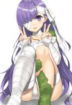  1girl :d absurdres bandage_on_face bandage_over_one_eye bandaged_arm bandaged_leg bandages bangs double_v eyebrows_visible_through_hair fate/grand_order fate_(series) highres kingprotea long_hair moss open_mouth phano_(125042) purple_eyes purple_hair sarashi sitting smile solo v very_long_hair white_background 