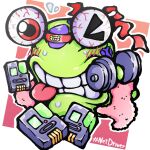 absurd_res accessory bandai_namco bodily_fluids digimon digimon_(species) dumbbell exercise eyestalks feral green_body headband hi_res numemon one_eye_closed sanjuro_art solo sweat teeth tongue tongue_out weightlifting weights wink workout
