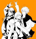  3boys :d :o \m/ amemura_ramuda arisugawa_dice arm_up beads candy cowboy_shot duo_chromatic food fur_trim grin hair_beads hair_between_eyes hair_ornament height_difference hood hoodie hypnosis_mic jacket layered_clothing lineart lollipop long_hair long_sleeves looking_at_viewer male_focus monochrome multiple_boys open_mouth orange_background saida_nika shirt sidelocks simple_background smile yumeno_gentarou 