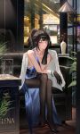  1girl absurdres aqua_eyes artist_name asymmetrical_gloves axylon bare_shoulders black_footwear black_gloves black_pantyhose blue_dress bracelet breasts brown_hair character_name check_copyright city cleavage closed_mouth collarbone commentary commission copyright_request couch crossed_legs dress english_commentary evening_gown expressionless flower full_body gloves hand_on_own_cheek hand_on_own_face high_heels highres indoors jewelry long_hair looking_at_viewer mismatched_gloves on_couch original pantyhose plant ponytail pumps red_flower reflection shoe_dangle sitting sleeveless sleeveless_dress solo vase window 