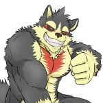  1:1 abs anthro biceps black_sclera canid canine canis domestic_dog fur garmr grey_fur hi_res male mammal muscular muscular_male nude pecs red_fur simple_background smile solo sonypanda three_tone_fur tokyo_afterschool_summoners video_games white_background white_fur 