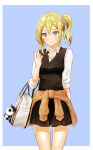  1girl absurdres bag black_skirt blonde_hair blue_background blue_eyes brown_sweater cowboy_shot eyebrows_visible_through_hair hair_between_eyes hair_ornament handbag hayasaka_ai highres holding holding_bag jewelry kaguya-sama_wa_kokurasetai_~tensai-tachi_no_renai_zunousen~ looking_at_viewer miniskirt necklace parted_lips pleated_skirt shiki_kayanotani shirt short_hair side_ponytail simple_background skirt solo standing sweater tied_sweater white_shirt 