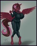  2019 big_breasts breasts bulge dickgirl equid equine fan_character flustered hi_res intersex mammal masquerade_(oc) my_little_pony nipple_outline penis penis_outline pterippus skuttz solo sweat wings 