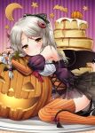  alternate_costume black_wings bow braid brown_eyes detached_sleeves dress eyebrow_visible_through_hair flower_knight_girl food hair_bow hair_ornament halloween horns kei_kei komugi_(flower_knight_girl) leaning_on_object long_hair pancake pumpkin side_braid translucent wings 