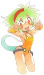  2014 5_fingers accessory blush bracelet breasts cleavage clothed clothing female green_hair green_tail hair headband humanoid humanoid_hands jewelry open_mouth orange_eyes oyatsu simple_background solo tongue tongue_out white_background 