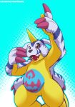  absurd_res ambiguous_gender animal_skin claws clothing digimon digimon_(species) fur gabumon hi_res open_mouth open_smile overweight scalie shiuk simple_background smile solo standing teeth tongue 