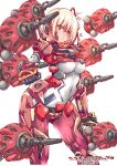  1girl armor blonde_hair blush breasts closed_mouth crossover fin_funnels gundam gundam_gquuuuuux hair_ribbon highres long_hair looking_at_viewer lycoris_recoil mecha_musume mecha_pilot_suit nishikigi_chisato red_eyes red_ribbon ribbon smile yazawa_mana 