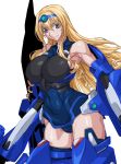  1girl armor bare_shoulders blonde_hair blue_eyes blue_hairband blue_leotard breasts cameltoe cecilia_alcott closed_mouth commentary_request covered_navel curly_hair drill_hair gloves hairband highres huge_breasts infinite_stratos leotard long_hair looking_at_viewer ozaneko shiny shiny_clothes shiny_hair shiny_skin skin_tight smile solo thighhighs 