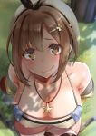  1girl :q absurdres andouyu atelier_(series) atelier_ryza bar_censor bare_shoulders breasts brown_eyes brown_hair censored cleavage collarbone eyebrows_visible_through_hair from_above grass hair_ornament hairclip hat highres jewelry large_breasts looking_at_viewer naughty_face necklace reisalin_stout short_hair smile solo star thighhighs tongue tongue_out white_headwear white_legwear 