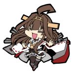  1girl =_= ahoge boots brown_hair chibi closed_eyes commentary_request detached_sleeves double_bun full_body hairband headgear kantai_collection kongou_(kantai_collection) koopo long_hair lowres machinery open_mouth remodel_(kantai_collection) ribbon-trimmed_sleeves ribbon_trim simple_background solo thigh_boots thighhighs white_background 