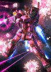  battle beam_rifle energy_gun glowing glowing_eye gun gundam gundam_gihren_no_yabou highres holding holding_gun holding_weapon mecha mecha_focus mechaklear military mobile_suit mobile_suit_gundam no_humans one-eyed red_eyes robot rx-78-2 rx-78-2_gundam_casval_custom science_fiction shield shoulder_spikes space spikes thrusters v-fin weapon yellow_eyes zaku_ii zeon 