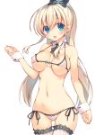  1girl bare_shoulders bikini blonde_hair blue_eyes blush breasts detached_collar hair_ribbon highres large_breasts long_hair looking_at_viewer micro_bikini mutsuno_hekisa navel open_mouth original ponytail ribbon solo swimsuit thighhighs wrist_cuffs 