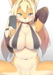  2019 anthro armwear barely_visible_genitalia barely_visible_pussy big_breasts blonde_hair blue_eyes blush breasts canid canine cellphone clothing countershading elbow_gloves faeki female fingerless_gloves fox front_view fur gloves hair handwear hi_res holding_object long_hair looking_at_viewer mammal navel orange_fur phone portrait pussy selfie smartphone solo spread_legs spreading tan_fur three-quarter_portrait 