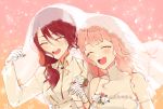 2girls ^_^ bang_dream! bangs bare_shoulders bridal_veil closed_eyes confetti detached_sleeves dress flower formal gloves gold_trim hair_between_eyes hair_over_shoulder half_gloves highres holding_hands light_blush long_hair low_ponytail mew_(firenoodles2) multiple_girls open_mouth pink_hair red_hair sleeveless sleeveless_dress smile sparkle suit tears udagawa_tomoe uehara_himari upper_body veil wedding_dress white_dress white_gloves white_suit wife_and_wife 