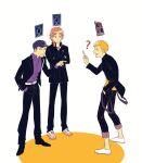  3boys ? angry baseball_cap black_footwear blonde_hair brown_hair card clenched_teeth crossed_arms facial_hair gekkoukan_high_school_uniform goatee_stubble hanamura_yousuke hand_in_pocket hat headphones headphones_around_neck highres in-franchise_crossover iori_junpei louis_hyeon medium_hair middle_finger multiple_boys pants persona persona_3 persona_4 persona_5 plaid_clothes plaid_pants pointing purple_shirt sakamoto_ryuuji school_uniform sharp_teeth shirt shoes short_hair shuujin_academy_school_uniform simple_background stubble suspenders tarot tarot_card teeth the_chariot_(tarot) the_magician_(tarot) white_background white_footwear yasogami_school_uniform yellow_shirt 