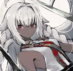  1girl backless_outfit bare_shoulders braid dark_skin fate/grand_order fate_(series) gun holding holding_weapon kusakanmuri lakshmibai_(fate/grand_order) long_hair looking_at_viewer red_eyes rifle sleeveless solo sword unsheathed weapon white_background white_hair 