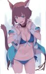  1girl :d animal_ears bikini blue_bikini blue_nails breasts brown_hair cat_ears cat_tail chikuwa_(garakuta_waakusu) cleavage collar facial_mark final_fantasy final_fantasy_xiv front-tie_bikini front-tie_top green_eyes highres jacket looking_at_viewer medium_breasts miqo&#039;te navel open_clothes open_jacket open_mouth short_hair short_sleeves side-tie_bikini smile solo stomach sweatband swimsuit tail thighs 