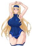  1girl armpits arms_up ass_visible_through_thighs bare_shoulders blonde_hair blue_eyes blue_hairband blue_leotard blush breasts cameltoe cecilia_alcott closed_mouth covered_navel curly_hair drill_hair hairband highres huge_breasts infinite_stratos leotard long_hair looking_at_viewer ozaneko shiny shiny_clothes shiny_hair shiny_skin solo sweat thighhighs thighs white_legwear 