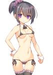  1girl bare_shoulders bikini black_hair blush breasts detached_collar highres micro_bikini mutsuno_hekisa navel original ponytail purple_eyes scrunchie side-tie_bikini small_breasts swimsuit thighhighs wrist_cuffs 