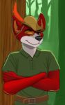  anthro belt canid canine clothing crimsonwolf1902 crossed_arms disney fox fur half-length_portrait hat headgear headwear male mammal one_eye_closed outside portrait red_fur robin_hood robin_hood_(disney) standing white_fur wink 