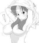  1girl armpits arms_up blush breasts commentary dragon_ball dragon_ball_z greyscale hair_tubes henyaan_(oreizm) large_breasts lifted_by_self long_hair looking_at_viewer monochrome motion_lines navel nipples parted_lips shirt_lift solo standing sweat sweatdrop topless upper_body videl 