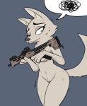  2019 4_fingers anthro blood blue_eyes bodily_fluids breasts canid canine canis cheek_tuft disney eyebrows eyelashes female fox fur gun holding_object holding_weapon inner_ear_fluff josun laser_sight mammal neck_tuft nude one_eye_closed pussy ranged_weapon rifle scratch simple_background skye_(zootopia) solo speech_bubble standing sweat tuft weapon white_fur wince zootopia 