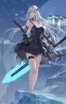  1girl absurdres bare_shoulders black_gloves blue_eyes breasts cleavage corset crown dress elbow_gloves frilled_straps gloves glowing glowing_weapon hair_ornament highres holding holding_weapon ice large_breasts long_hair mini_crown original outdoors pale_skin silver_hair snowflakes standing swd3e2 sword thigh_strap thighs weapon 