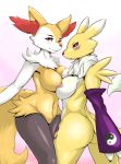  2019 absurd_res anthro areola armwear big_breasts blush braixen breast_squish breasts butt cheek_tuft clothing digimon digimon_(species) duo elbow_gloves eyelashes featureless_crotch female fingerless_gloves fur gloves handwear hi_res navel neck_tuft nintendo nipples pok&eacute;mon pok&eacute;mon_(species) purple_eyes purple_sclera red_eyes red_fur renamon side_view simple_background squish standing treyer tuft video_games yellow_fur yin_yang 