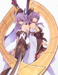  2girls ahoge azur_lane bangs bare_shoulders breasts detached_sleeves eyepatch hair_between_eyes hair_ornament hair_ribbon highres hiyou_(azur_lane) japanese_clothes jun&#039;you_(azur_lane) katana large_breasts long_hair long_sleeves marshall2033 multiple_girls purple_hair ribbon ribbon_trim siblings sisters sword weapon yellow_eyes 