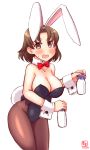  1girl alternate_costume animal_ears artist_logo bare_shoulders black_leotard blush bottle bow bowtie breasts brown_eyes brown_hair brown_legwear bunny_ears bunny_tail bunnysuit cameltoe chiyoda_(kantai_collection) cleavage covered_navel cowboy_shot dated detached_collar eyebrows_visible_through_hair fake_animal_ears hair_between_eyes headband highres holding kanon_(kurogane_knights) kantai_collection large_breasts leotard looking_at_viewer milk_bottle off_shoulder open_mouth pantyhose short_hair signature simple_background smile solo strapless strapless_leotard tail white_background wrist_cuffs 