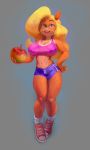  2019 anthro bandicoot big_breasts black_nose blonde_hair bottomwear breasts cleavage clothed clothing crash_bandicoot_(series) eyeshadow female flo green_eyes hair hand_on_hip hi_res holding_object legwear long_hair looking_at_viewer makeup mammal marsupial midriff naughty_dog navel nipple_outline shirt shorts smile sneakers socks solo sony_corporation sony_interactive_entertainment standing tank_top tawna_bandicoot topwear under_boob video_games wumpa_fruit 