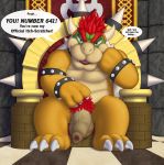  alternate_version_at_source anthro armband balls banner bedroom_eyes big_penis biped bodily_fluids body_hair bowser bracelet chair claws collar dialogue dracovar_valeford dripping dripping_precum english_text eyebrows fangs flaccid front_view genital_fluids hair half-closed_eyes hand_on_chin hi_res horn humanoid_penis jewelry koopa long_foreskin looking_at_viewer male mario_bros mostly_nude nintendo open_mouth paws penis precum presenting presenting_penis pubes red_hair scalie scratching seductive shell sitting smile solo speech_bubble spiked_armband spiked_collar spiked_wristband spikes stone_wall text throne throne_room toe_claws toes tongue uncut vein veiny_penis video_games wristband 