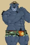  2016 5_fingers abs absurd_res anthro blue_fur body_hair bottomwear bulge chest_hair clothed clothing facial_hair fur grin happy_trail hi_res male mammal muscular muscular_arms muscular_male navel red_eyes sharp_teeth shorts sideburns simple_background skimpy smile soldier star teeth thedragonred12 underwear ursid zipper 
