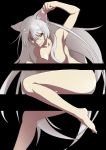  1girl animal_ears armpits barefoot black_hanekawa breasts cat_ears cleavage fang gesugesu_ahoaho hair_between_eyes hanekawa_tsubasa large_breasts long_hair looking_at_viewer monogatari_(series) nekomonogatari nude paw_pose silver_hair slit_pupils smile solo thighs very_long_hair yellow_eyes 